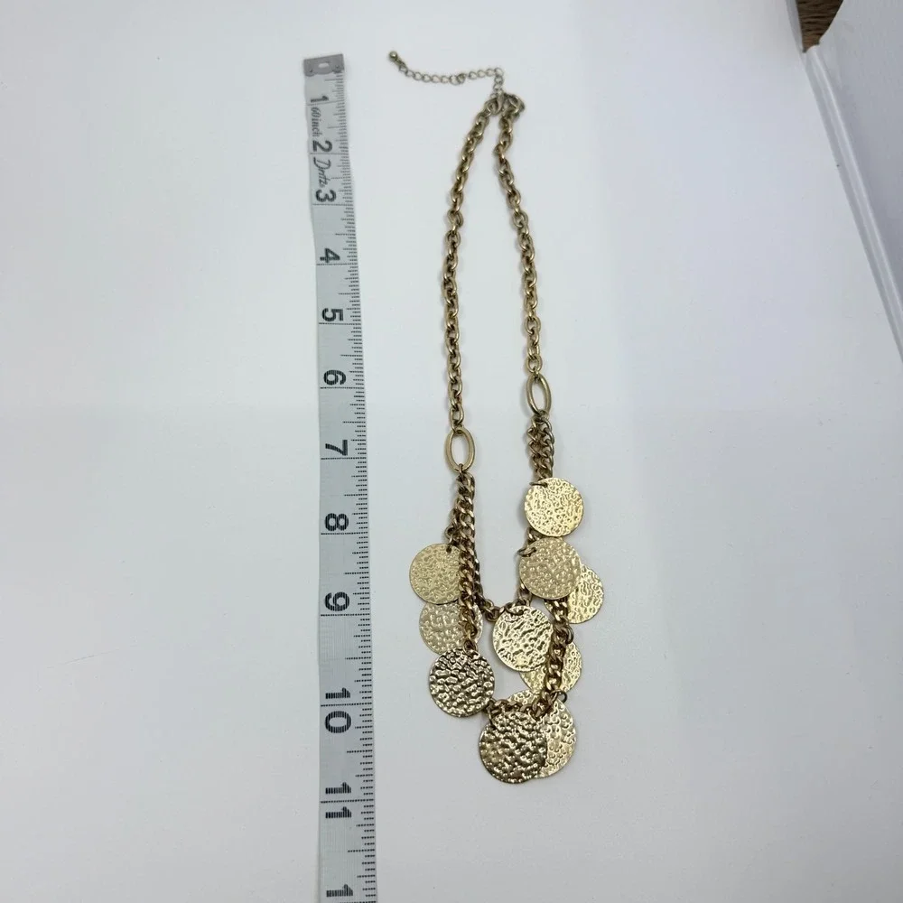 Vintage Boho Gold Tone Hammered Disc Bib Necklace Y2K Statement Chunky Chain